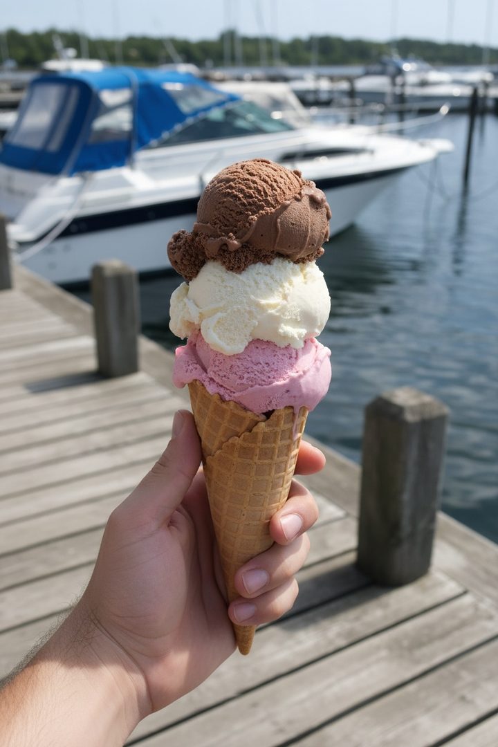 Et ishorn med tre kugler holdt op foran bådene i havnen