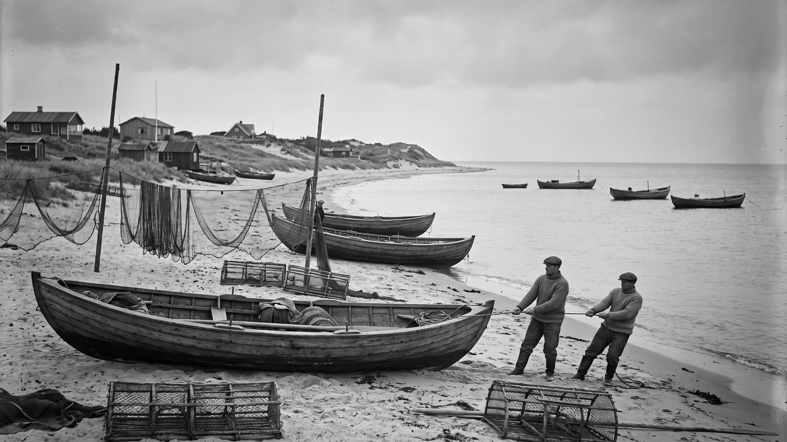 Fiskere trækker en træbåd op på en strand, net til tørre på stænger