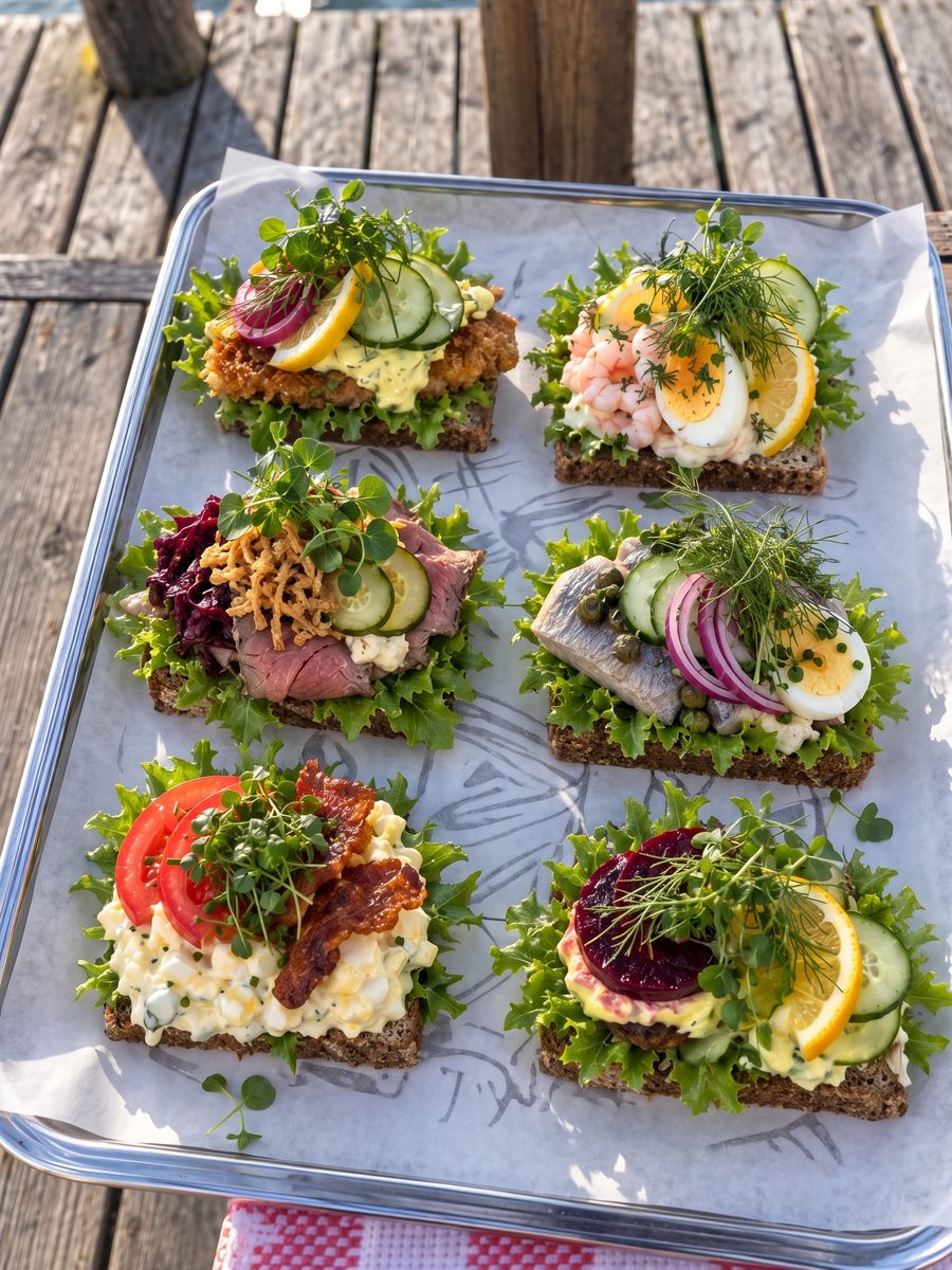 En bakke smørrebrød med æg, rejer, roastbeef og sild
