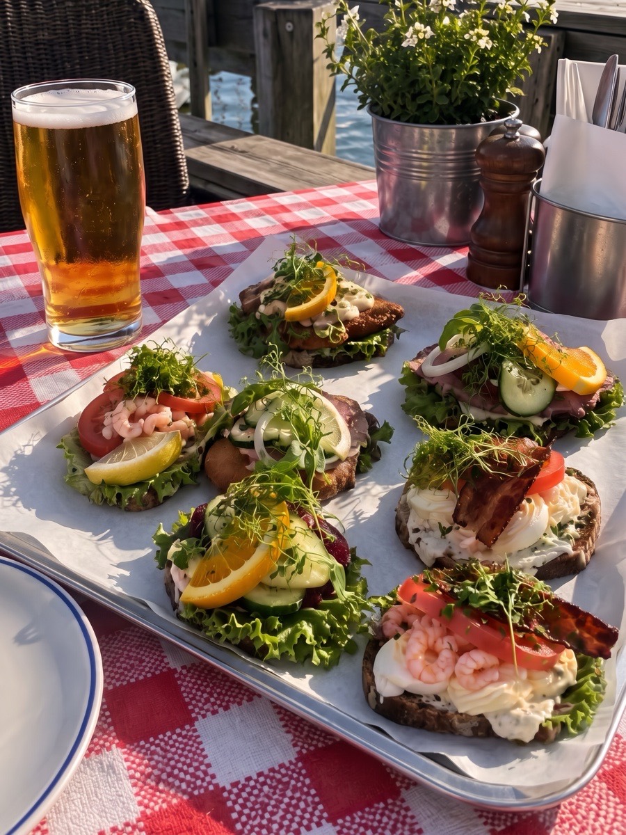 Et fad med smørrebrød på en rødternet dug ved havnen